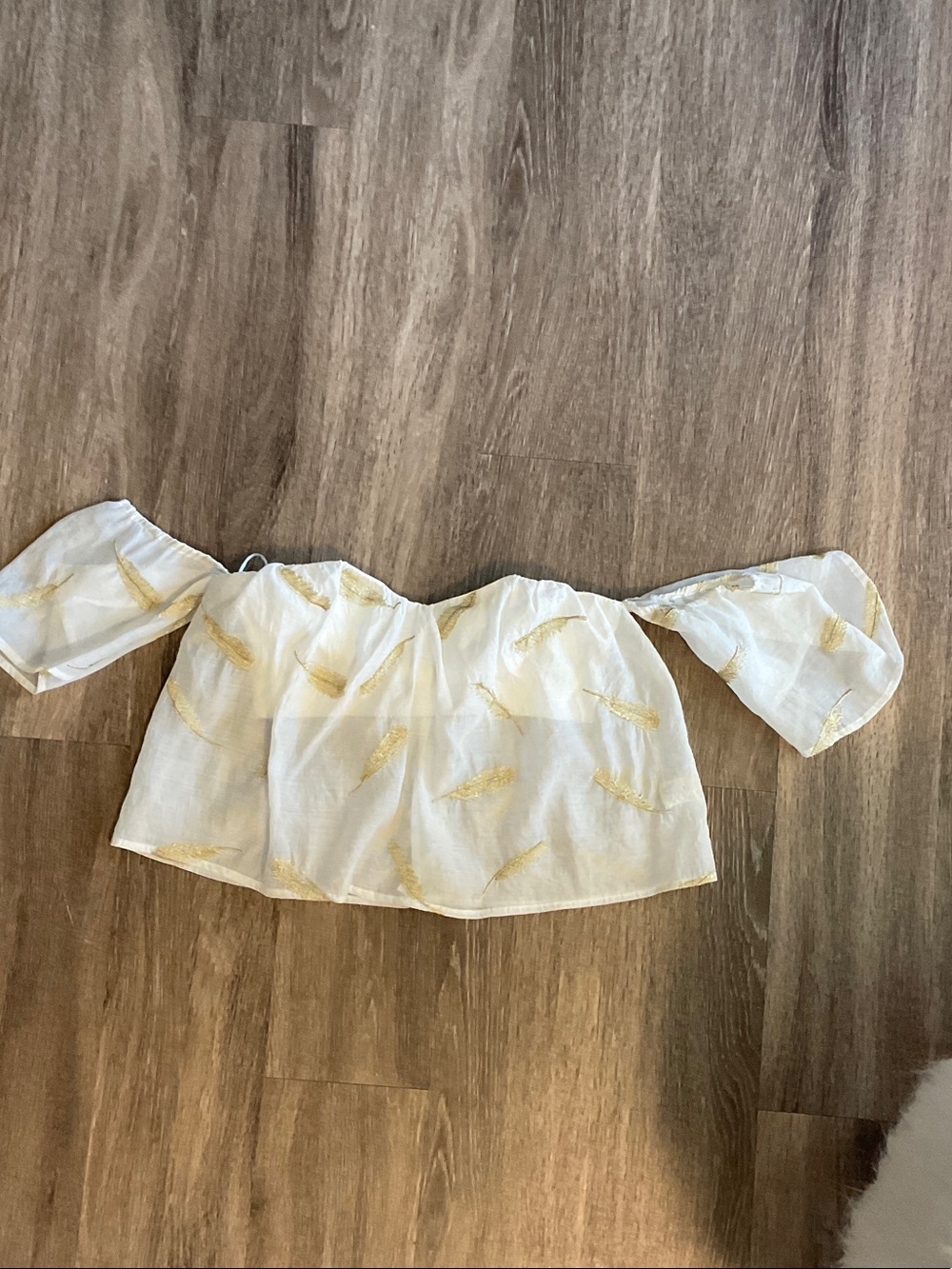 White Off-Shoulder Crop Top with Gold Feather Embroidery